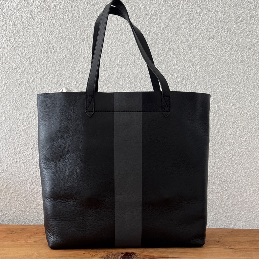 Madewell Black Leather Transport Tote with Gray Stripe